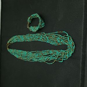 12 Multi strand beaded necklace and matching bracelet, Aqua & Gold